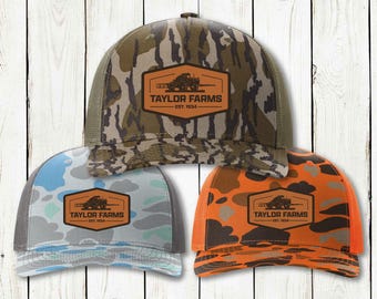 Camo Custom Farm Hat, Camo Hat, Personalized Trucker Hat Leather Patch, Tractor Hat, Farmer Gift, Custom Name Hat, Richardson 112 Hat