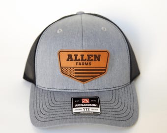 Custom USA Leather Patch Trucker Hat, Personalized Farm Name, USA Flag, Richardson 112, Custom Farm Name Hat