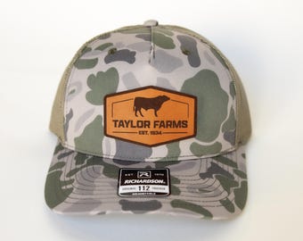 Camo Custom Farm Hat, Camo Hat, Personalized Trucker Hat Cow Leather Patch, Cattle Hat, Farmer Gift, Custom Name Hat, Richardson 112 Hat