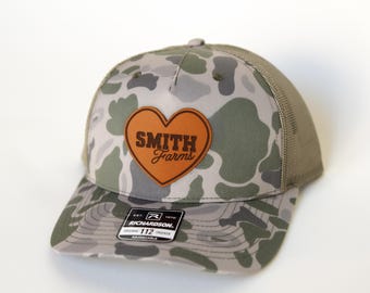 Heart Leather Custom Farm Hat, Camo Hat, Personalized Farm Girl Hat, Farm Wife Hat, Farmer Gift, Custom Name Hat, Richardson 112 Hat