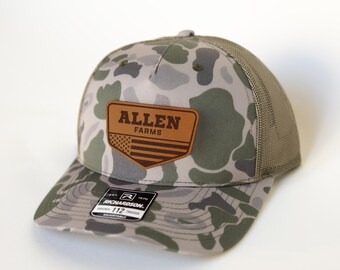 Camo USA Custom Farm Hat, Camo Hat, Personalized USA Hat, USA Flag Leather Patch, Farmer Gift, Custom Name Hat, Richardson 112 Hat