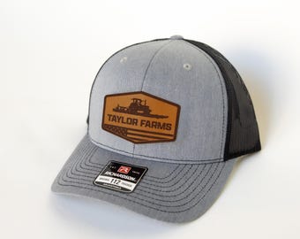 Custom Leather Patch Trucker Hat, Personalized Farm Name, Tractor Field, Richardson 112, Custom Farm Name Hat