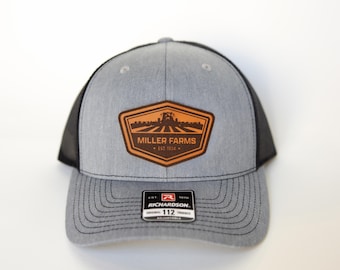 Custom Leather Patch Trucker Hat, Personalized Farm Name, Tractor Field, Richardson 112, Custom Farm Name Hat