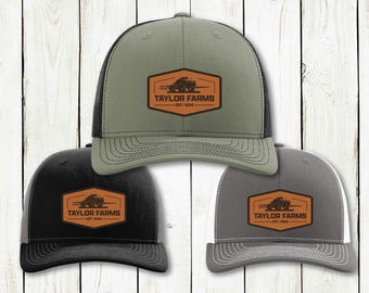 Custom Leather Patch Trucker Hat, Personalized Farm Name,Tractor Hat, Richardson 112, Custom Farm Name Hat, Tractor in Field