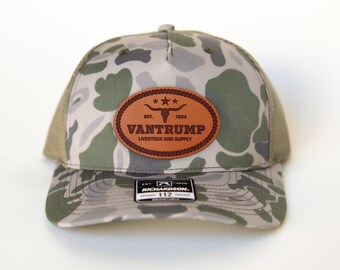 Camo Custom Farm Hat, Camo Hat, Personalized Trucker Hat Longhorn Leather Patch, Ranch Hat, Farmer Gift, Custom Name Hat, Richardson 112 Hat