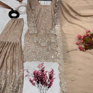 Designer Golden  Kurti Sharara  Suit For Women with Sequence Embroidery Work, Party Wear Suit, Sangeet Party Wear Suit Top Sharara Suit