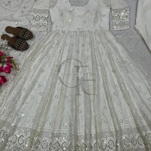 Designer Beautiful Full Flare 3 Pc Anarkali Suit With Canvas Patta Dupatta Faux Georgette Anarkali  Readymade, White  Outfit, Ethnic Wear