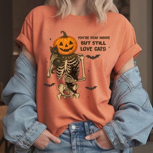 Unisex Tee - Halloween Skeleton Cat Shirt | Funny Pumpkin Head Tee | Dead Inside But Still Love Cats Shirt - Skeleton with Cat Tee