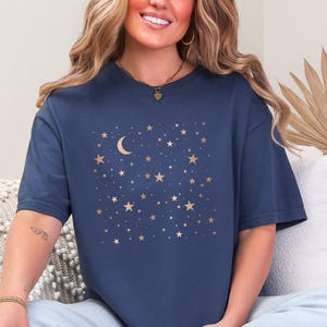 Comfort Color, Celestial Moon and Stars Shirt | Minimal Astrology T-Shirt | Boho Cosmic Tee | Spiritual Star Graphic Tee | Moon Phase Shirt