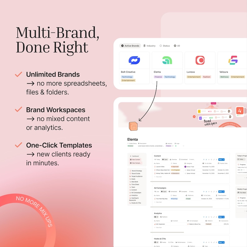Multi-brand done right! Unlimited Brands. Brand Workspaces. One-click Templates.