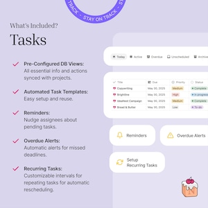 The tasks are the core of the system - which features multiple pre-configured views, automatic task templates, reminders, overdue alerts, recurring tasks and much more...