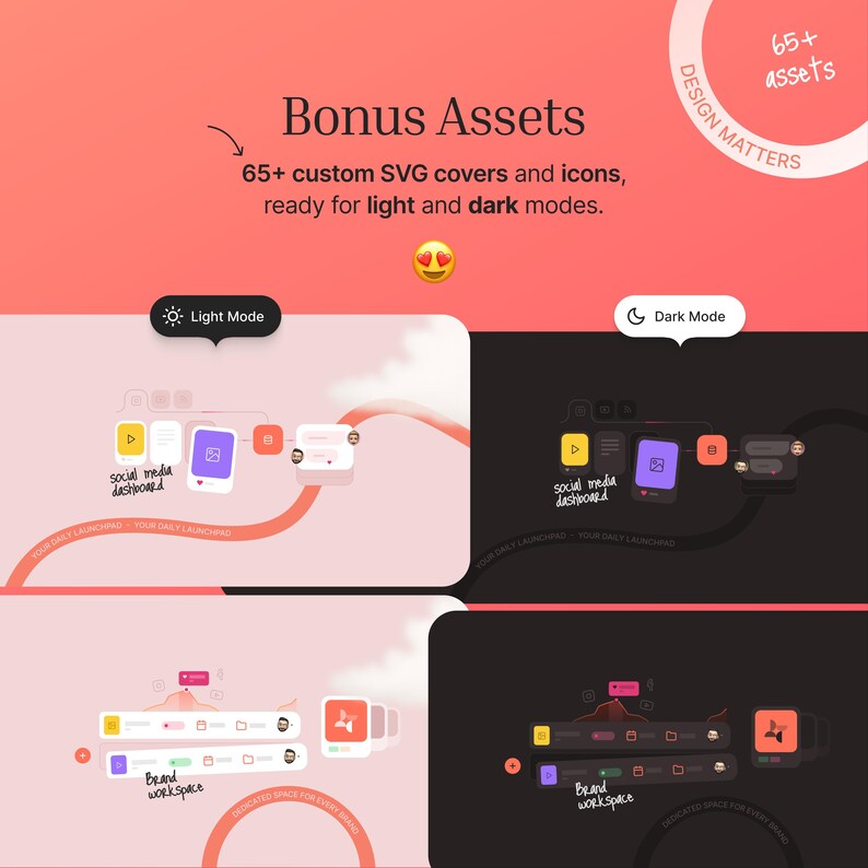 Offers 65+ assets, including covers, icons and more in SVG format.