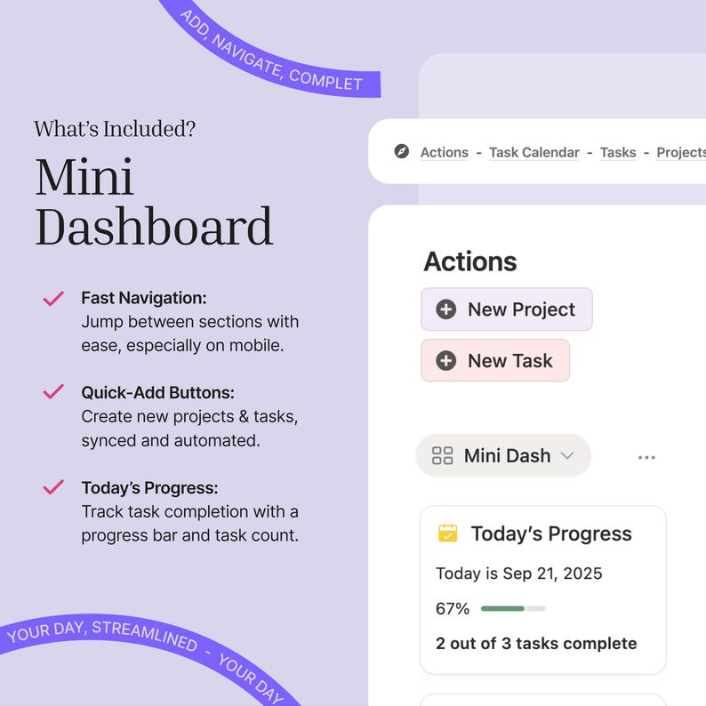 The mini dashboard inside the task manager features fast navigation system, quick add buttons for projects & tasks, and today's progress.