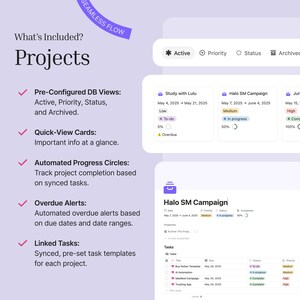 The Projects module in the task manager features pre-configured views for Active, Priority, Status and Archived. It has beautiful quick-view cards for projects, automated progress circles, overdue alerts, and linked tasks.