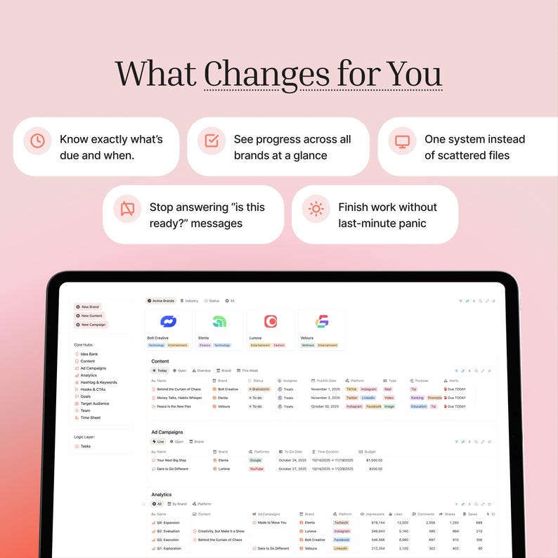 This is what it changes in your daily workflow: Know exactly what's due and when. See progress across brands at a glance. Once system instead of scattered files. Stop answering "is this ready" messages. Finish work without last min panic.