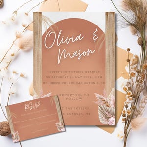 Faire-part de mariage bohème et jeu de cartes RSVP - Modèles canva modifiables | Faire-part de mariage rustique en terre cuite | Téléchargement numérique