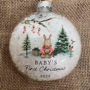 Baby Girl First Christmas 2025 Ornament, Woodland Scene, Clear Glass Ball, Holiday Tree Decoration