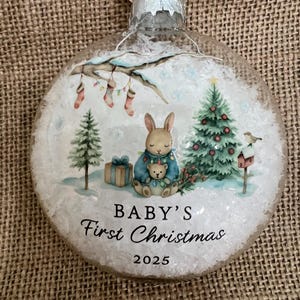 Baby Boy First Christmas 2025 Ornament, Woodland Scene, Clear Glass Ball, Holiday Tree Decoration