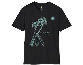 Christliche Palme Surfbrett Unisex Softstyle T-Shirt, religiöses T-Shirt, Strand Urlaub Shirt, Sommer Grafik Top, spirituelles Kleid
