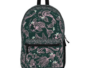 Floral Koi Print Backpack – Polyester School Travel Bag