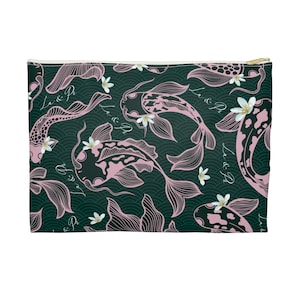 La and Po Koi Fish Accessory Pouch - Stylish Makeup Bag, Gift for Her, Travel Organizer, Art Print Clutch, Floral Coin Purse
