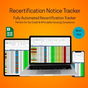 Puede incluir: Un fondo naranja con un portátil, una tableta y un smartphone que muestran una hoja de cálculo. El texto "Recertification Notice Tracker" y "Fully Automated Recertification Tracker" están en la parte superior. También hay un icono verde y un círculo azul con "Multi Year".