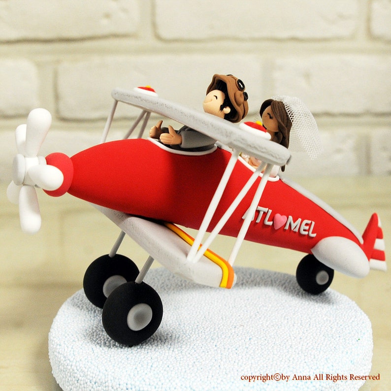 Red biplane, airplane custom wedding cake topper decoration gift keepsake image 1