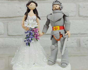 Knight and his cute bride custom wedding cake topper decoration