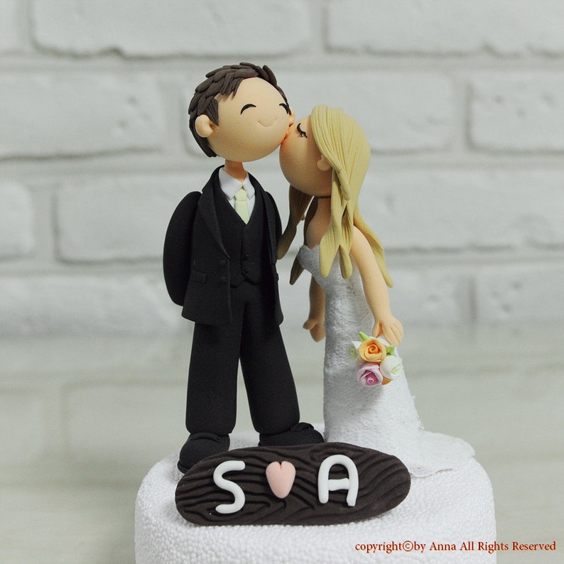 Custom Wedding Cake Topper Kiss him on the cheek image 2