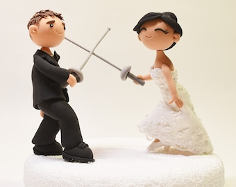 Fencing sports couple wedding cake topper