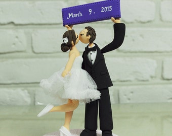 Custom Wedding Cake Topper - Groom's Holding Banner and Kissing with Bride -