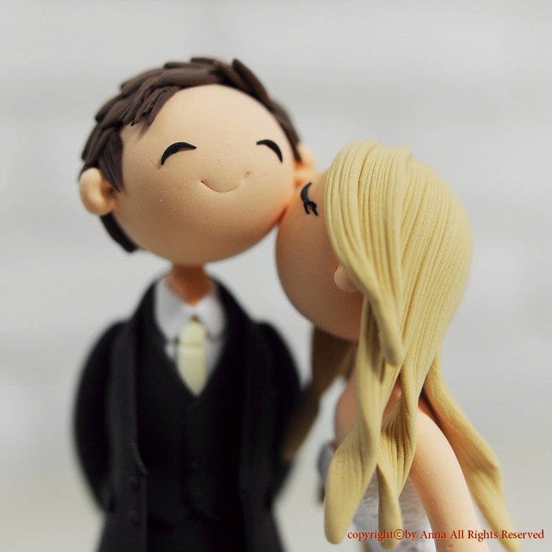 Custom Wedding Cake Topper Kiss him on the cheek image 4