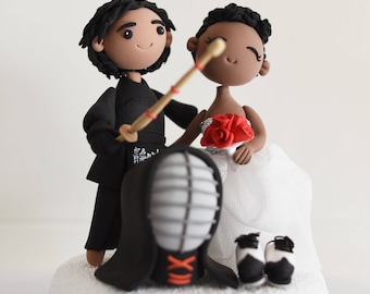 Fencing couple custom wedding cake topper