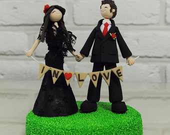 Cute couple in black with "In - Love" banner wedding cake topper decoration gift