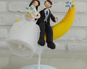 Romantic couple on the moon custom wedding cake topper keepsake