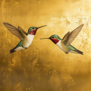 Könnte beinhalten: Zwei Kolibris im Flug vor goldenem Hintergrund. Die Vögel haben ein grünes, rotes und weißes Gefieder mit langen, schlanken Schnäbeln. Ihre Flügel sind ausgebreitet und zeigen ihre braunen Federn. Der Hintergrund hat ein strukturiertes, metallisches Aussehen.