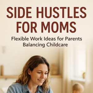 May include: Image features the text "SIDE HUSTLES FOR MOMS" and "Flexible Work Ideas for Parents Balancing Childcare." A woman in a denim shirt writes in a notebook at a wooden table, with a laptop and a mug. A child plays in the background.