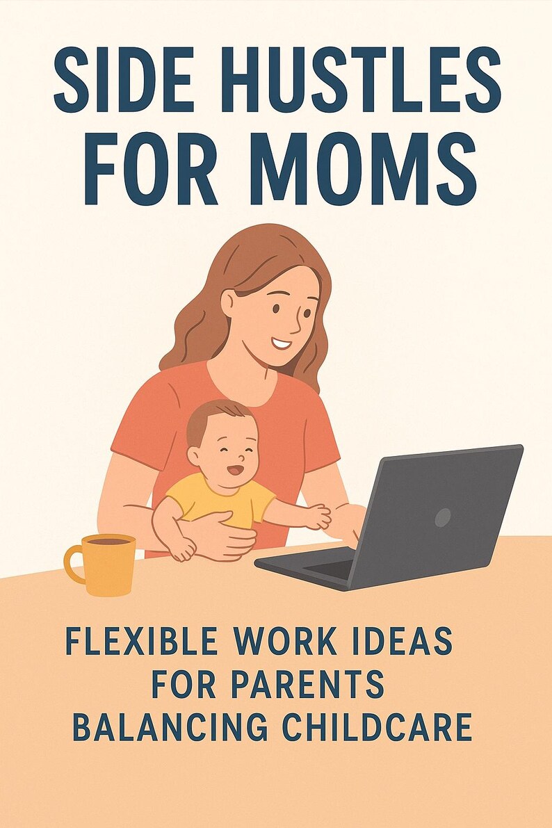 May include: Illustration promoting side hustles for moms. A woman in an orange shirt works on a laptop while holding a baby. A yellow mug sits on the table. Text reads: "Side Hustles for Moms" and "Flexible Work Ideas for Parents Balancing Childcare."