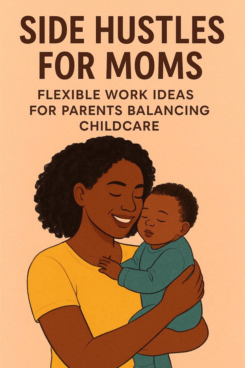 May include: Illustration of a mother holding a baby, with the text "SIDE HUSTLES FOR MOMS" and "FLEXIBLE WORK IDEAS FOR PARENTS BALANCING CHILDCARE". The mother wears a yellow shirt, and the baby is in a blue outfit.