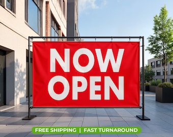 Personalized 'NOW OPEN' Banner | Custom Vinyl Sign with Your Logo | 13oz Waterproof Heavy Duty | Pre-Designed & Modifiable Signage