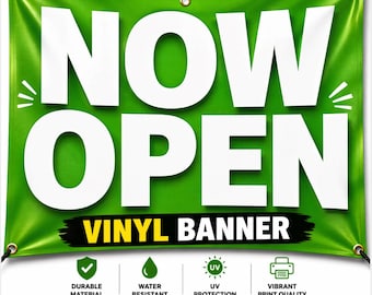 Letrero de vinilo personalizado "Ahora Abierto", pancarta de gran inauguración, letrero para escaparate comercial, pancarta exterior resistente al agua y de alta resistencia de 13 oz.