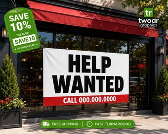 Personalized 'HELP WANTED' Banner | Custom Vinyl Sign with Your Logo | 13oz Waterproof Heavy Duty | Pre-Designed & Modifiable Signage