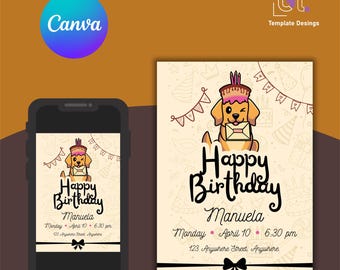 Invitación de cumpleaños amarilla y marrón, fiesta de perros felices, plantilla editable canva, tarjeta editable de fiesta de perros felices