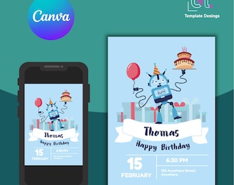 Invitación de cumpleaños de robot - Diseño editable y personalizado - Cumpleaños de género neutro