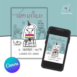 Może przedstawiać: Zaproszenie urodzinowe z kreskówkową ilustracją postaci trzymającej tort, prezenty i napis "Happy Birthday". Zaproszenie zawiera datę, godzinę i miejsce. Smartfon wyświetla ten sam projekt.
