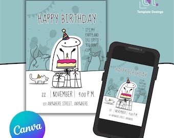 Invitación de cumpleaños con meme de Flork, plantilla digital editable en Canva, para adolescentes y adultos jóvenes.