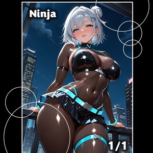 May include: A custom token depicting an anime-style character with white hair and blue eyes, dressed in a black and blue outfit. The word "Ninja" is displayed, with "Custom Tokens" above. The token is labelled "1/1".