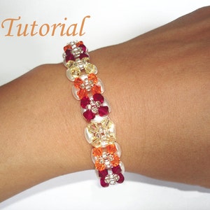 May include: A beaded bracelet with a repeating pattern of white, orange, and red beads. The bracelet is on a person's wrist.