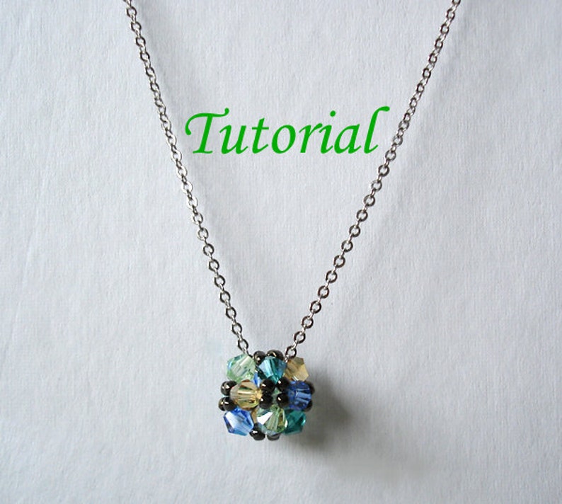 Beading Pendant Pattern Tutorial Beaded Floret Ball Pendant Instructions Blue Green Yellow Crystals Beads Beaded Handmade Pendant image 2