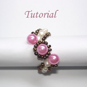 Beaded Ring Tutorial Beading Tutorial Beaded Three-Pearl Diagonal Ring Pattern Pearl Ring Pattern image 2